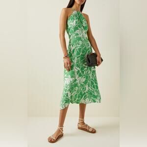 Faithfull The Brand Taormina Green Floral Crepe Halter Neck Midi Dress Size 8